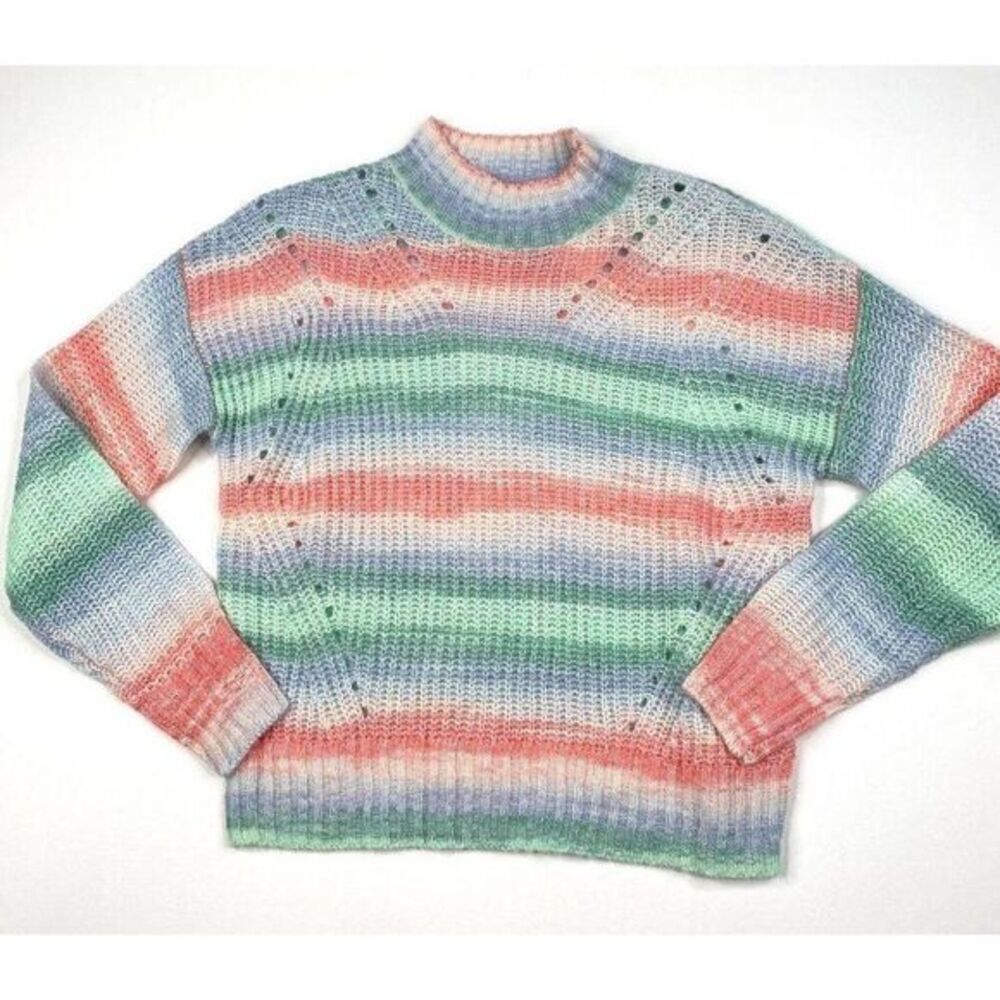 Juniors Sweater Top XS Blue Pink Striped Mock-Neck‎